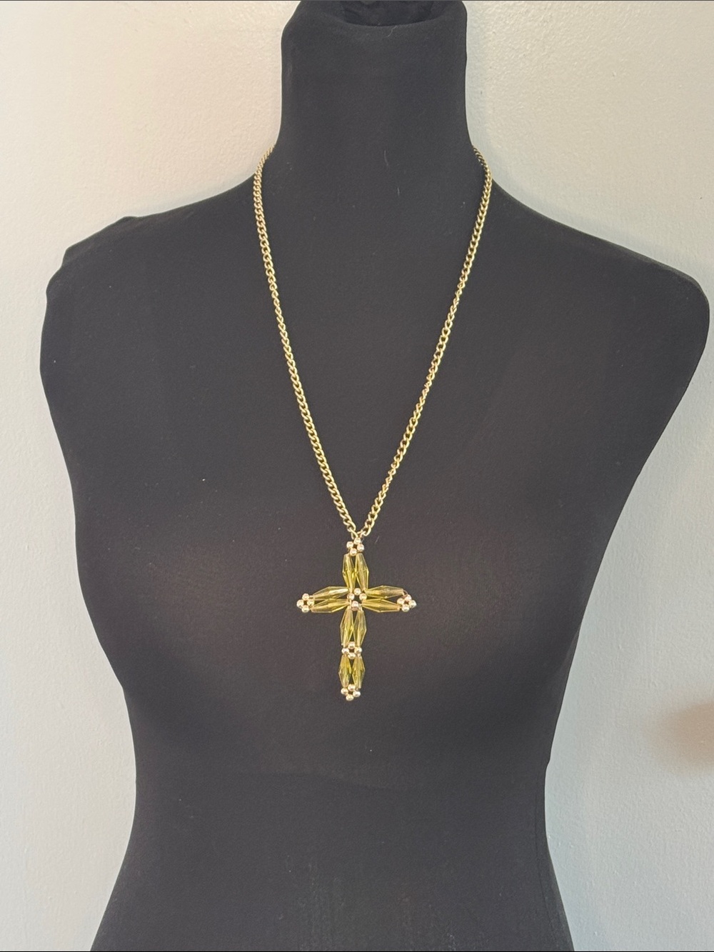 Gold Cross Pendant Necklace with Yellow Crystal Accents